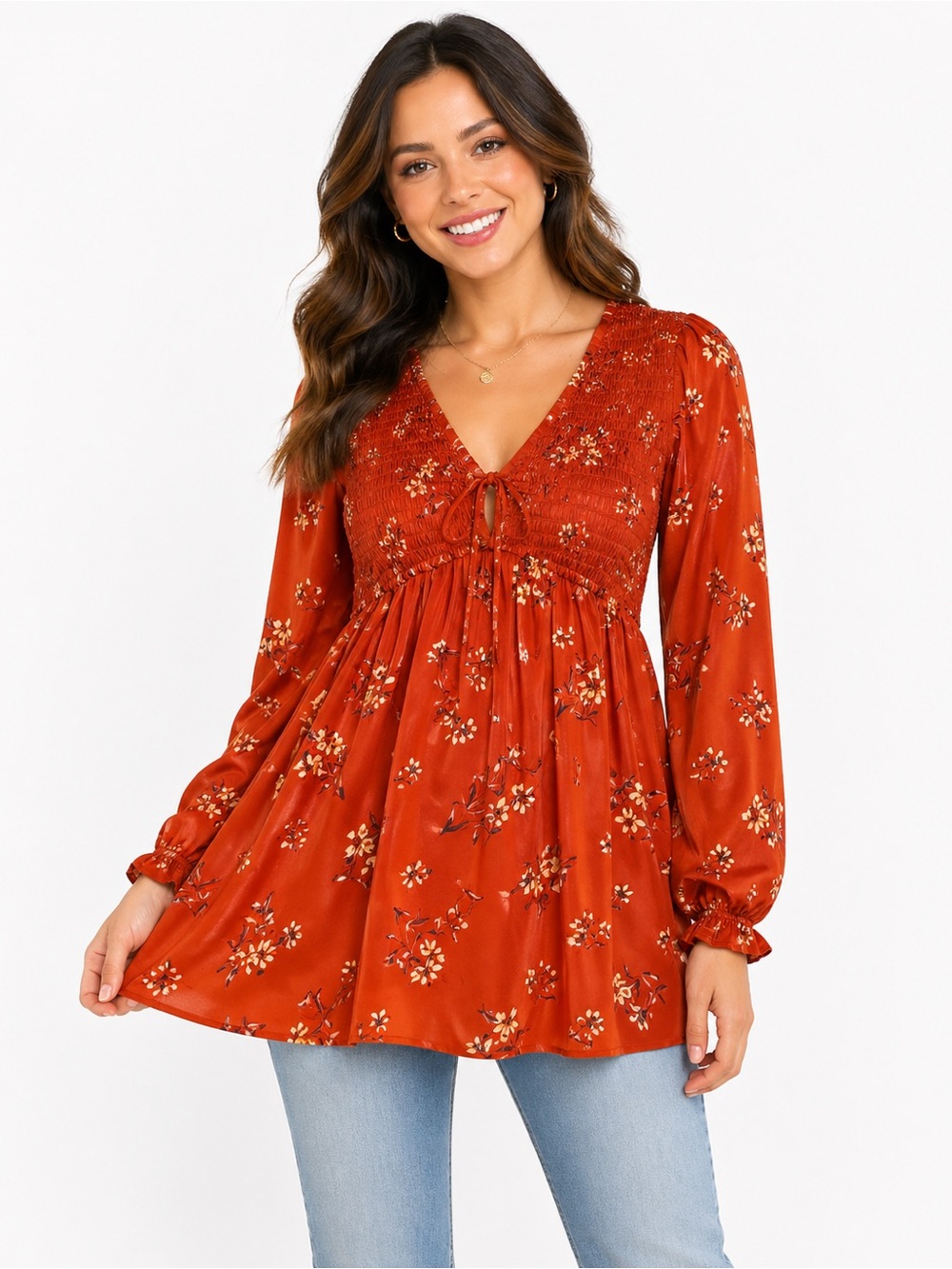 EUC Wild‎ Fable Rust Orange Floral Smocked Top Babydoll Shirt Size Small